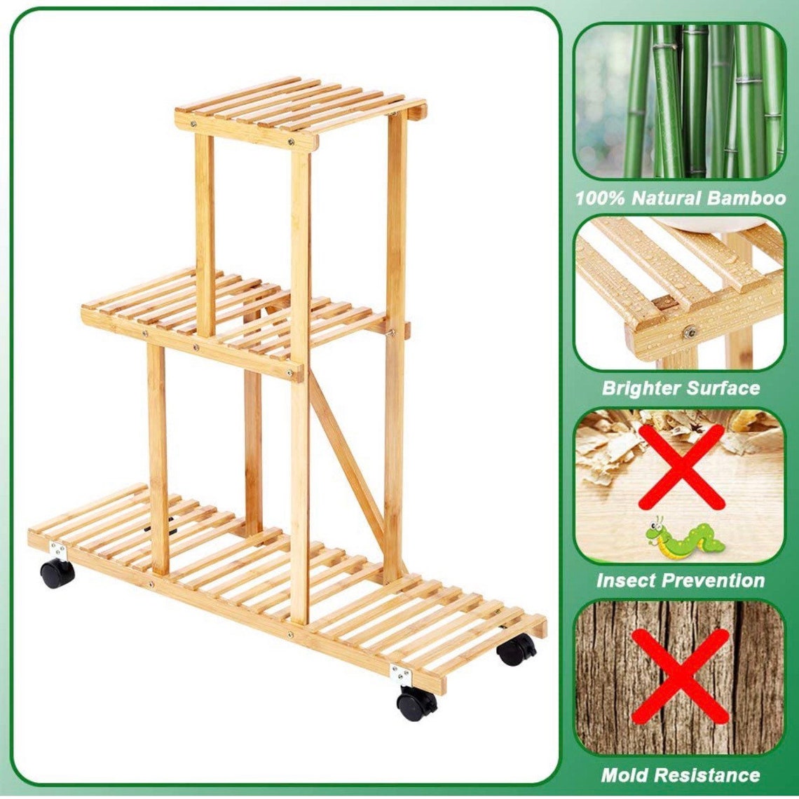 Bamboo Plant Stand Rack With Wheels 3 Tier Etsy