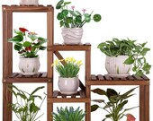 Multi-Tier Wood Plant Stand Indoor Outdoor Ladder Plant Display Shelf 6 Tier