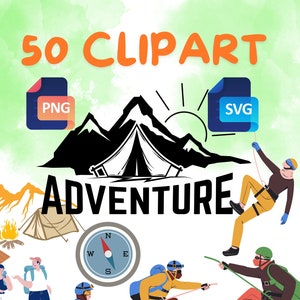 旅行と冒険のクリップアート PNG SVG 即時ダウンロード; 50 透明な背景のテント キャンプ ハイキング 道路標識 テキスト デザイン キャンパー プランナー用