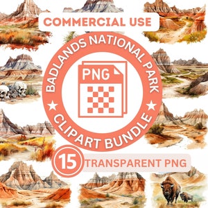 Badlands National Park Transparent Background PNG Digital Instant Download, National Park Print Watercolor Clipart Commercial use lisence