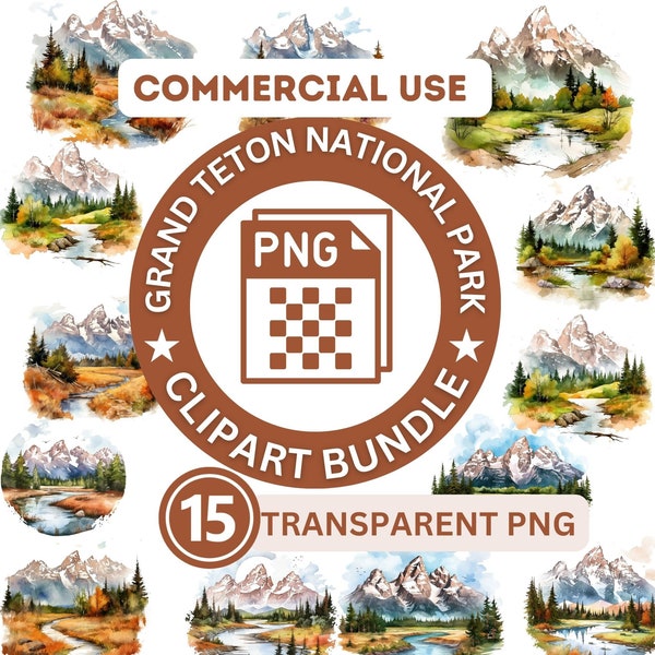 Grand teton National Park Transparent Background PNG Digital Instant Download - 15 National Park Print Watercolor Clipart Commercial License