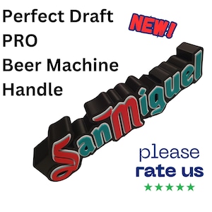 Könnte beinhalten: Ein schwarzer und roter San Miguel Bierzapfhahn mit dem Text "NEW!" in Rot und Weiß. Der Text "Perfect Draft PRO Beer Machine Handle" ist ebenfalls auf dem Bild zu sehen.
