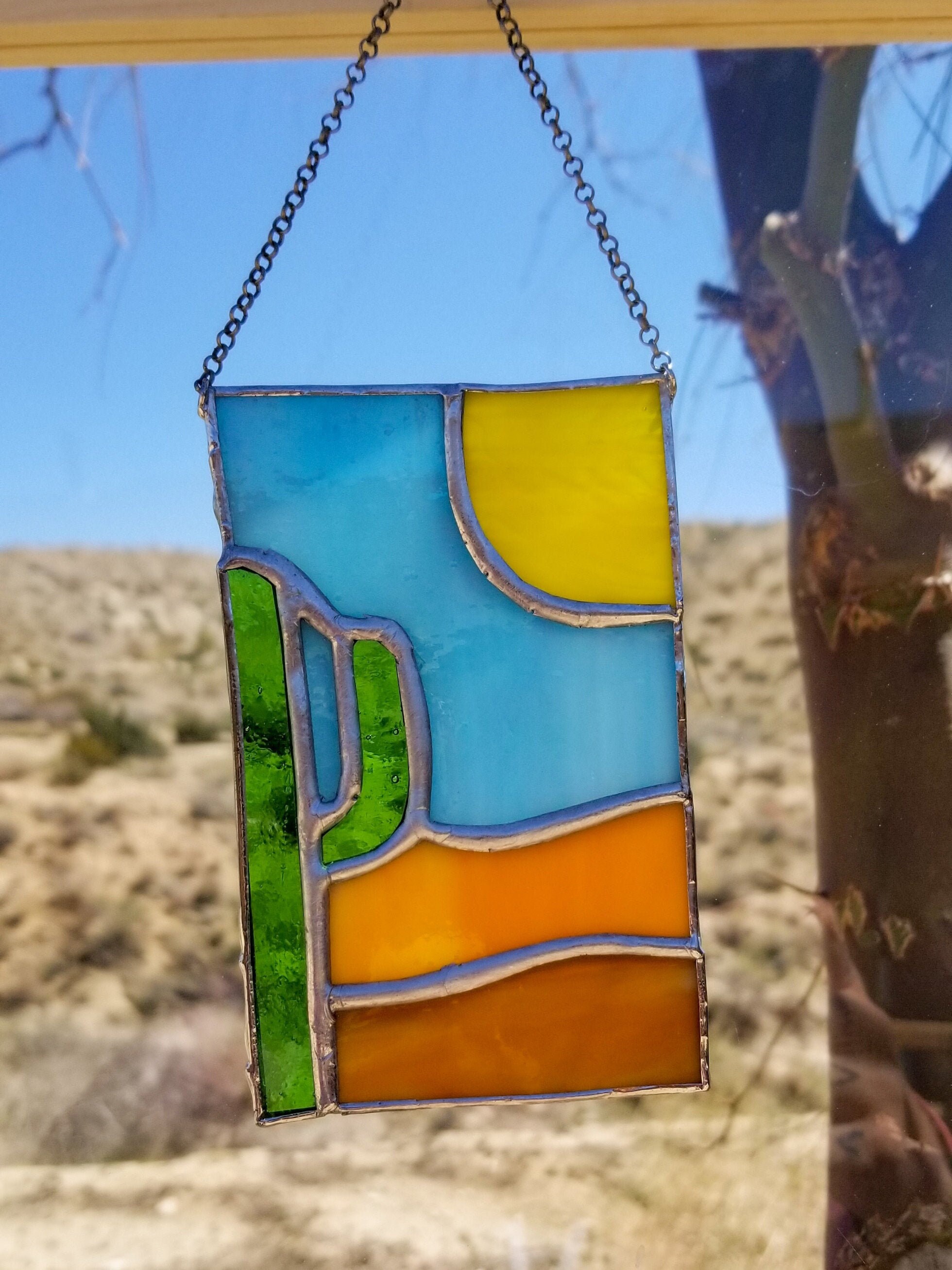 Simple Desert Scene with Cactus and Sun Stained Glass Hanging Etsy
