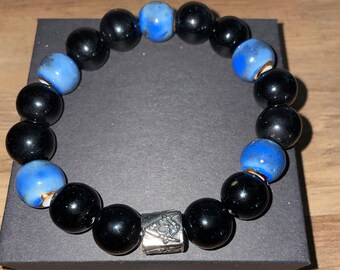 Black and Blue Beaded Bracelet with Masonic Accent