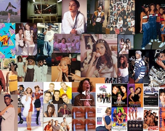 May include: A collage of images from the 1990s, featuring fashion, music, and pop culture. The collage includes images of people wearing clothing and accessories popular in the 1990s, as well as images of music videos, movies, and television shows. The collage is a nostalgic look back at the 1990s.