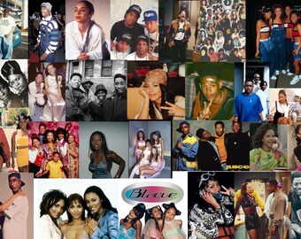 May include: A collage of images featuring various 90s R&B and hip hop artists, including TLC, Aaliyah, B2K, and Blaque. The images are in black and white and color, and show the artists performing, posing, and interacting with each other.