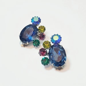 Vintage Blue Green Purple Rhinestone Clip On Earrings Silver Tone Special Occasion Vintage Bride Weddings Gift For Her