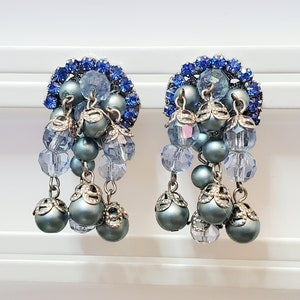 Vintage Robert Signed Blue Rhinestone Dangle Bead Pearl Clip On Earrings Silver Tone Special Occasion Vintage Bride Weddings Gift For Her