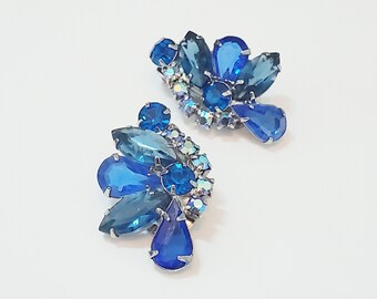 Vintage Beau Jewels Set Blue AB Rhinestones Floral Spray  Vintage Beau Jewels AB Blue Star Crystal Earrings display picture 1