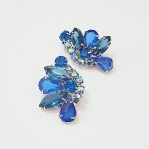 Vintage Blue Aurora Borealis AB Rhinestone Clip On Earrings Silver Tone Special Occasion Vintage Bride Weddings Something Blue Gift For Her