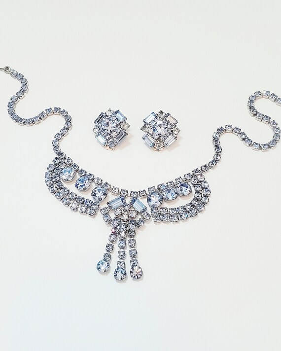 Vintage Blue Rhinestone Choker Necklace Clip On Earrings Set Demi Parure Silver Tone Vintage Bride Weddings Something Blue Gift For Her