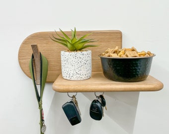 White Oak Entry Way Floating Modern Shelf with Hook for Leash or Coat and two magnetic key hooks made with solid White Oak hardwood