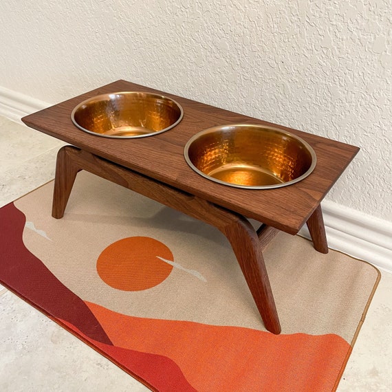 Modern Short Metal Elevated Dog Bowl With Natural Wood Top - Black