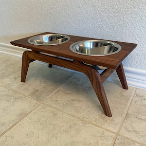 Walnut Mid Century Modern Elevated Dog Bowl Stand with Food Safe finish and Stainless Steel Bowls Included