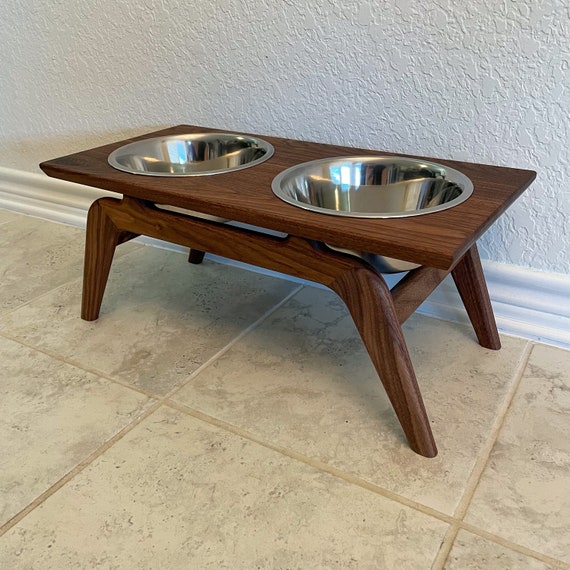 Raised Dog Bowl Stand With Two Bowls in Walnut Finish, Wooden