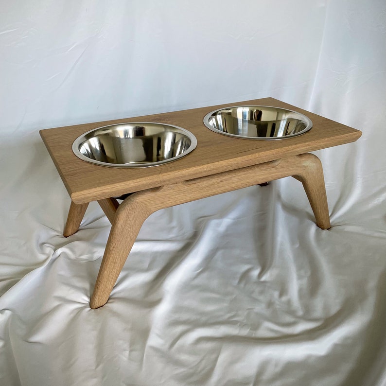 White Oak Mid Century Modern Elevated Dog Bowl Stand With Food Etsy