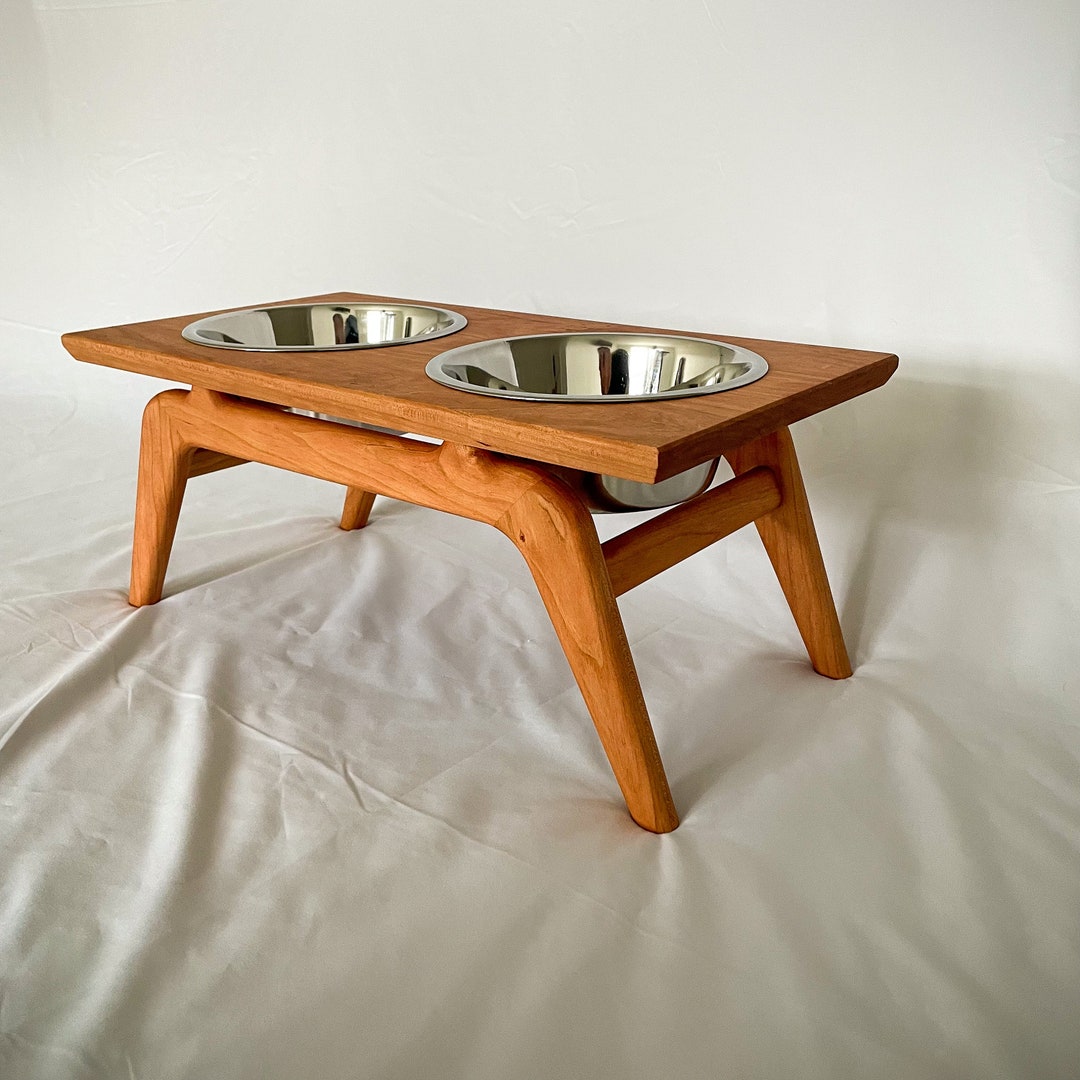 Cherry Mid Century Modern Elevated Dog Bowl Stand With Food Safe Finish