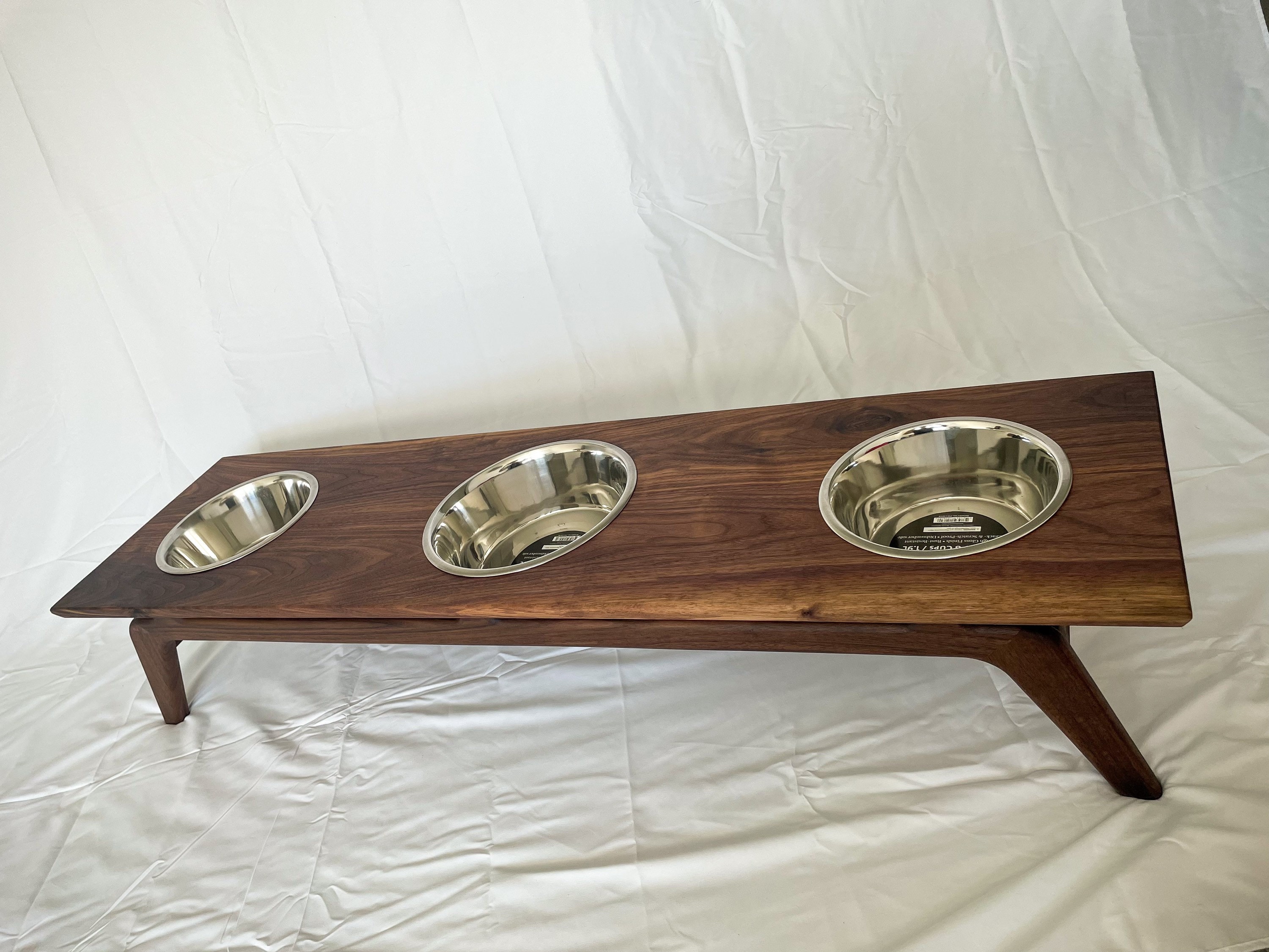 Raised Dog Bowl Stand With Two Bowls in Walnut Finish, Wooden