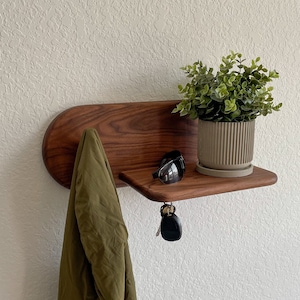 Walnut Entry Way Floating Modern Shelf with Hook for Leash or Coat and two magnetic key hooks made with solid Walnut hardwood
