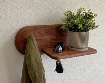 Walnut Entry Way Floating Modern Shelf with Hook for Leash or Coat and two magnetic key hooks made with solid Walnut hardwood