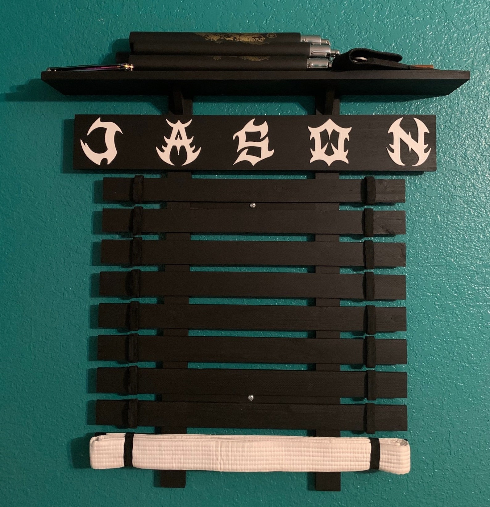 Martial art belt display rack with shelf Etsy