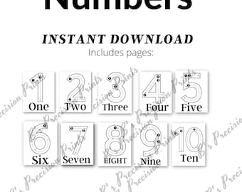 May include: A white digital download with the text "Tracing Numbers" in large black letters. Below, the text "INSTANT DOWNLOAD" and "Includes pages:" are displayed. The image shows numbers 1-10 with dotted lines for tracing, and the words for each number.