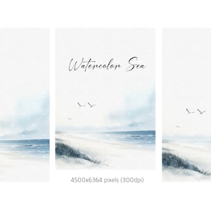 Puede incluir: Una pintura de acuarela de un paisaje marítimo con una playa de arena, agua azul y algunas aves blancas volando en el cielo. El texto "Watercolor Sea" está escrito en negro en la parte superior de la imagen. La imagen es de 4500x6364 píxeles (300dpi).
