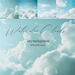 Op de afbeelding: Een digitale illustratie van een aquarel-hemel achtergrond met pluizige witte wolken. De tekst "Watercolor Clouds" is geschreven in een cursief lettertype bovenaan de afbeelding. De tekst "sky background" is geschreven in een sans-serif lettertype onder de wolken. De tekst "3600x3600 pixels" is geschreven in een sans-serif lettertype onder de tekst "sky background".