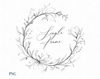 Botanical Wreath Clipart: Sketched Line Art Flowers (PNG)