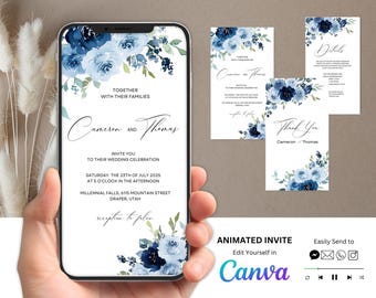 Animated Floral Wedding Invitation Template: Dusty Blue, Navy (Canva)