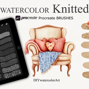 Może przedstawiać: Pędzle Procreate akwarelowe do tworzenia faktur dzianinowych. Obraz przedstawia tablet cyfrowy z różnymi wzorami dzianinowymi, akwarelową ilustrację fotela z poduszkami i kocem oraz zestaw próbek akwarelowych różnych faktur dzianinowych.