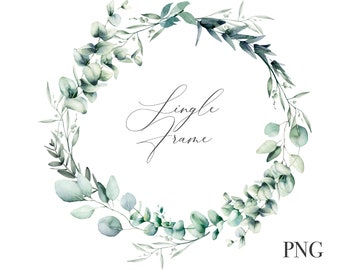 Frame Eucalyptus Watercolor Wreath - Watercolor Leaves Greenery for Wedding invite Logo Digital clipart PNG