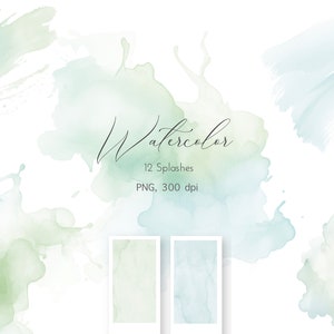 Op de afbeelding: Een set van 12 aquarelspatten in tinten groen en blauw. De afbeelding bevat de tekst "Watercolor 12 Splashes PNG, 300 dpi".