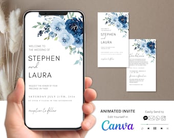Floral Boho Wedding Invitation Template: Animated Blue Roses (Canva Editable)