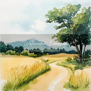 Summer Landscape Illustration, watercolor view clipart, travel graphics, summer meadow, mountains, summer clipart, floral field, download