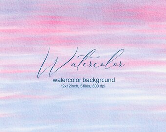 May include: A watercolor background with a soft, blended effect in shades of pink, blue, and white. The word "Watercolor" is written in a cursive font. The text below reads "watercolor background 12x12inch, 5 files, 300 dpi."