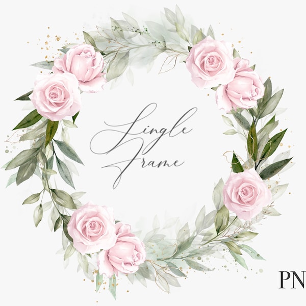 Rahmen Aquarell Rosa Rosenkranz - Rose Pale Nude Neutral Blumen Blätter Grün für Hochzeit Einladung Logo Digital Clipart PNG