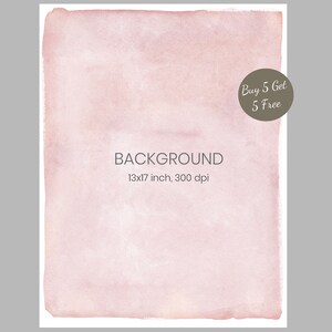 Puede incluir: Un fondo de acuarela rosa suave con una textura sutil. El fondo es de 13x17 pulgadas y 300 dpi. El texto "Buy 5 Get 5 Free" está en un círculo en la esquina superior derecha.