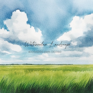 Summer Landscape Illustration, watercolor view clipart, travel graphics, summer meadow, mountains, summer clipart, floral field, download