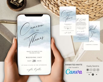 Plantilla de video de invitación de boda animada en azul: Diseño editable en Canva