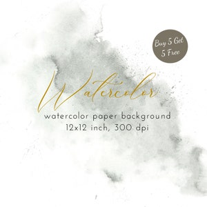 Könnte beinhalten: Ein grauer Aquarellhintergrund mit einer subtilen Textur. Der Hintergrund ist 12x12 Zoll groß und hat eine Auflösung von 300 dpi. Der Text "watercolor paper background 12x12 inch, 300 dpi" ist in goldenen Buchstaben am unteren Rand des Bildes geschrieben. Ein Kreis mit dem Text "Buy 5 Get 5 Free" befindet sich in der oberen rechten Ecke des Bildes.