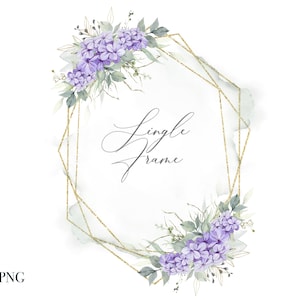 Aquarela Golden Lilac Boho Frame - Moldura de casamento Clipart - Aquarela Boho Wreath - Moldura de geometria dourada - Buquê de aquarela Boho