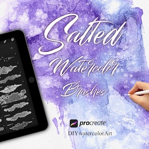 May include: A digital tablet screen displaying a library of watercolor brushes labeled "Salted Watercolor Brushes" for the Procreate app. The screen is on a white surface with a purple and blue watercolor background. A hand is holding a stylus and drawing on the watercolor background.