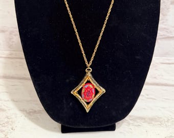 Stunning Bright Red Moroccan Glass Floral Necklace Surrounded by Gold Tone Twisted Metal and Faux Pearls Long Necklace w/Beautiful Pendant
