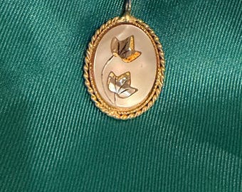 Vintage 1970s Abalone Shell Mosaic Tulips Cameo Style Pendant Dainty and Beautiful - Unique and Rare. NO Chain Included