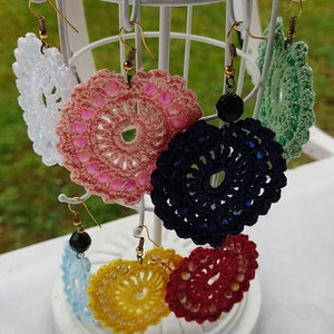 Boho chic hippy crochet long heart shape earrings. Crochet earrings, fashion accessory