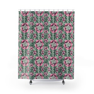 May include: A shower curtain featuring a repeating pattern of vibrant pink and dark magenta flowers set against a muted sage green background. The design includes vertical wavy lines and small circular dots, with metal grommets along the top edge.