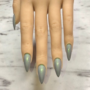 Gray Green Shimmer Glitter Press On Nails