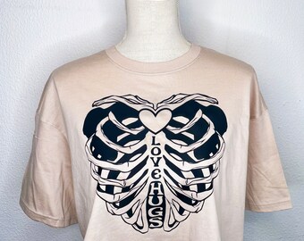 Crop Top - light taupe, Love Hugs black skeleton heart graphic print - Cotton shirt Size L