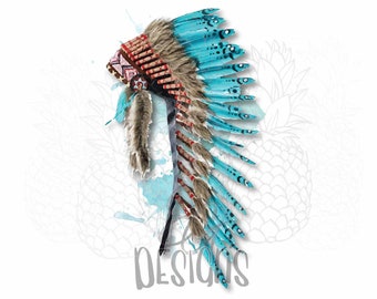 HTV paper goods Thanksgiving fall Indian boy feather headdress watercolor PNG printable digital clip art file for sublimation and more